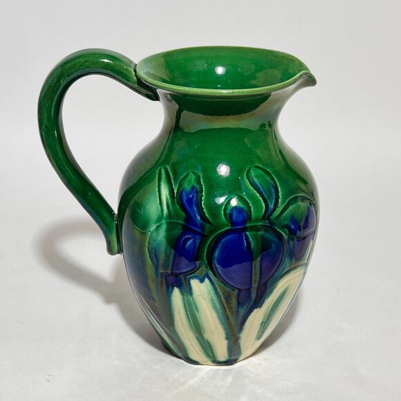 Antique Awaji Pottery Blue White Iris Green Pitcher Awaji Ware Glazed Japan - Picture 10 of 16